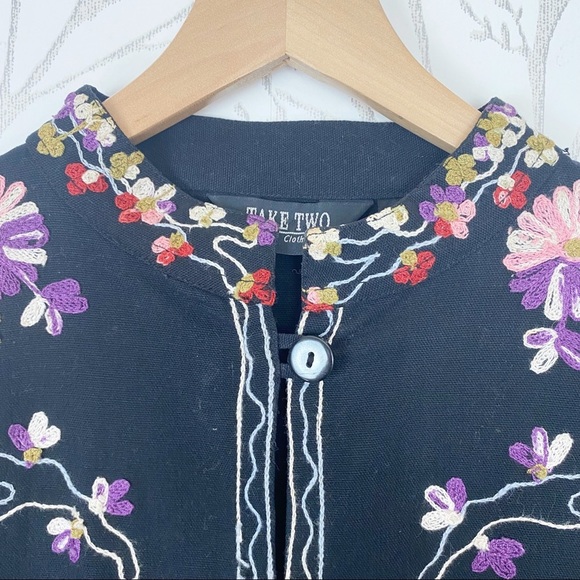 VINTAGE 90’s TAKE TWO Black Heavily Embroidered Jacket Blazer Medium 100% Cotton - Picture 3 of 14